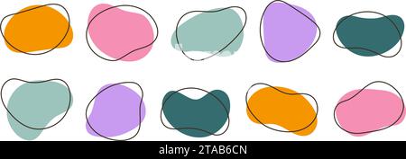 Collezione di forme organiche astratte. Set di moduli liquidi irregolari. Graziosi blobi, blot, gocce o macchie. Modelli colorati per etichette, adesivi, banner, presentazioni, volantini. Vettore Illustrazione Vettoriale