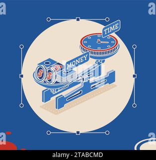 Bilancia con orologi e denaro. Concetto di tempo e denaro. Bilance meccaniche isometriche con monete e banconote di carta. Illustrazione vettoriale. Scale Illustrazione Vettoriale