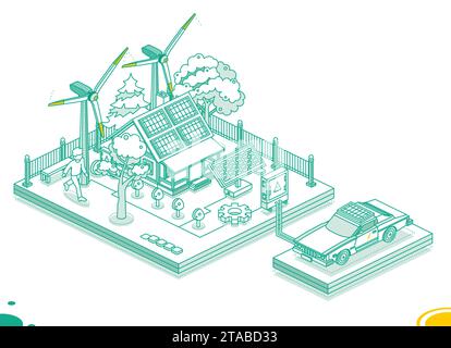 Casa intelligente isometrica con auto elettrica, pannelli solari, turbina eolica e trasformatore elettrico. Generazione di energia verde. Sostenibile Illustrazione Vettoriale