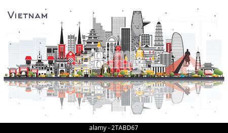 Skyline della città del Vietnam con edifici grigi e riflessi isolati su bianco. Illustrazione vettoriale. Concetto di turismo. Paesaggio urbano del Vietnam con monumenti storici. Illustrazione Vettoriale