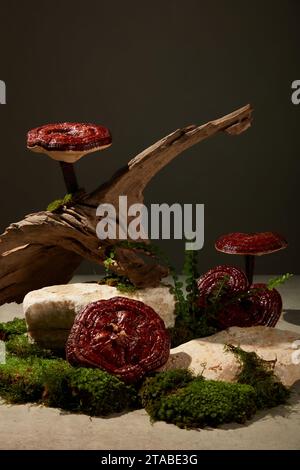 Sfondo scuro astratto con funghi ganoderma, ramoscelli, pietre e muschio verde decorati. Spazio per il prodotto pubblicitario. Il Lingzhi è un'erba rara, con Foto Stock