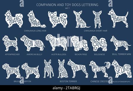 Il cane alleva silhouette con scritte e ritagli di stile semplice. Collezione di cani da compagnia e cani giocattolo. Illustrazione vettoriale Illustrazione Vettoriale