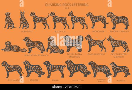 Il cane alleva silhouette con scritte e ritagli di stile semplice. Cani guardiani e ritiro cani di servizio. Illustrazione vettoriale Illustrazione Vettoriale