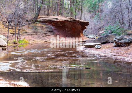 Forma a fungo, formazione di roccia rossa, riflesso dell'acqua calmo. Panoramica Oak Creek Canyon West Fork Landscape View, Sedona, Arizona, USA State Park, escursioni Foto Stock