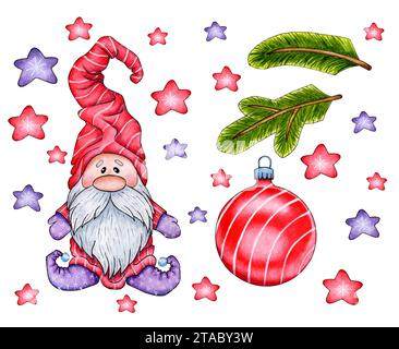 Disegno ad acquerello di uno gnomo rosso, palla, rami di abete e stelle. Stampa in stile fiabesco scandinavo per Natale e Capodanno. Illustrazione per cl Foto Stock