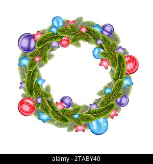 Illustrazione ad acquerello di una corona di Natale fatta di rami di abete, stelle e palle di Capodanno in fiori blu, rosso e viola. eleme decorativo colorato Foto Stock