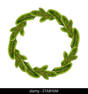 Illustrazione ad acquerello di una semplice corona natalizia fatta di rami di abete. Composizione festiva per poster, cartoline, striscioni, volantini, copertine, cartelli Foto Stock