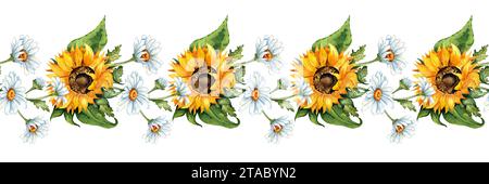 Illustrazione ad acquerello motivo orizzontale di girasoli e margherite isolati su sfondo bianco. Fiori fatti a mano per l'anniversario di matrimonio, la nascita Foto Stock