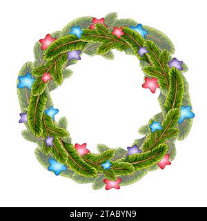 Illustrazione ad acquerello di una corona natalizia fatta di rami di abete con stelle. Composizione festiva per poster, cartoline, striscioni, volantini, copertine, placar Foto Stock