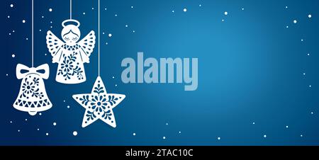 Striscione orizzontale in stile taglio carta, spazio di copia. Illustrazione vettoriale disegnata a mano di angelo di Natale decorato, stella e campana su sfondo blu Illustrazione Vettoriale