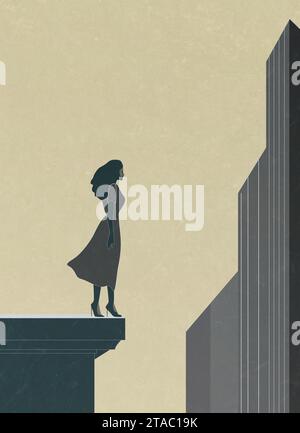 donna ai margini della costruzione, obiettivo, successo, speranza aziendale, depressione ansia, contesto del concetto, Foto Stock