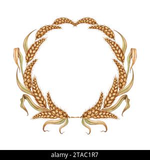 Illustrazione ad acquerello di una corona fatta di orecchie mature di grano e foglie essiccate. Telaio rotondo di pannocchie isolato su sfondo bianco. Per menu, banner, Foto Stock