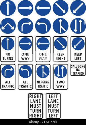 Segnali direzionali, segnali stradali nelle Filippine, segnali normativi indicano l'applicazione di requisiti legali o legali. Illustrazione Vettoriale