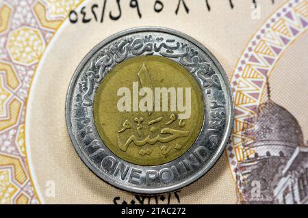 Rovescio della moneta egiziana da una sterlina con valore e data, lato dritto con slogan in apprezzamento degli sforzi del personale medico egiziano per salvare Foto Stock