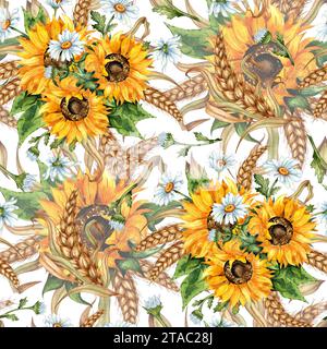 Illustrazione floreale ad acquerello. Mazzo di girasoli, margherite e orecchie di grano isolato su sfondo bianco. Design per pubblicità, birra Foto Stock