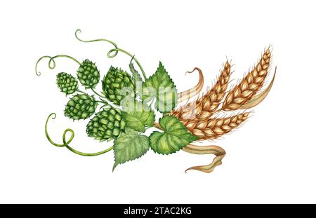 Illustrazione ad acquerello di una corona di foglie di frumento essiccate mature e coni di luppolo verdi. Isolato su sfondo bianco. Per menu, banner, poster Foto Stock