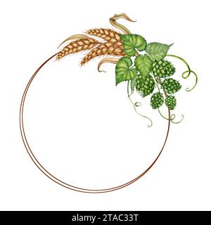 Illustrazione ad acquerello di una corona di foglie di frumento essiccate mature e coni di luppolo verde. Cornice rotonda isolata su sfondo bianco. Per menu, banner, post Foto Stock