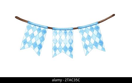 Illustrazione ad acquerello di una tradizionale bandiera bavarese. Motivi con diamanti bianchi e blu elementi della ghirlanda isolati su sfondo bianco. Composizione per Foto Stock