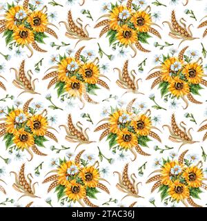 Illustrazione floreale ad acquerello. Mazzo di girasoli, margherite e orecchie di grano isolato su sfondo bianco. Design per pubblicità, birra Foto Stock