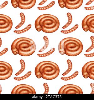 Serie di illustrazioni ad acquerello di un modello di salsicce fritte. Spuntino tradizionale per picnic, festival, Oktoberfest. Isolato su sfondo bianco. IO Foto Stock