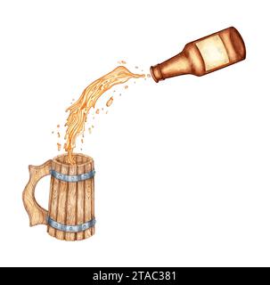 Illustrazione ad acquerello della birra versata da una bottiglia marrone di vetro in una tazza di legno. Oktoberfest festival isolato. Composizioni per poster, auto Foto Stock