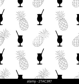 Motivo con cocktail e contorno ananas disegnato a mano, colore nero su sfondo bianco. Motivo monocromatico. Illustrazione vettoriale Illustrazione Vettoriale