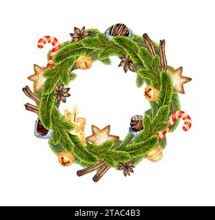 Illustrazione ad acquerello di una corona natalizia fatta di rami di abete, cioccolatini, cannella, caramelle, biscotti, campane. Isolato su sfondo bianco. COM Foto Stock