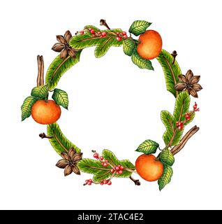 Illustrazione ad acquerello di una corona natalizia fatta di rami di abete, mandarini, cannella, chiodi di garofano. Isolato su sfondo bianco. Composizione festiva Foto Stock
