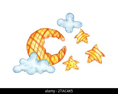 Illustrazione ad acquerello del disegno del bambino di stelle arancioni nuvole lunari isolate su sfondo bianco. Concept di design per poster, cartoline, striscioni, abbigliamento Foto Stock
