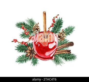 Illustrazione ad acquerello di una mela natalizia in caramello, rami di abete, cono di pino, rami con bacche rosse, cannella. Composizione isolata per poster Foto Stock