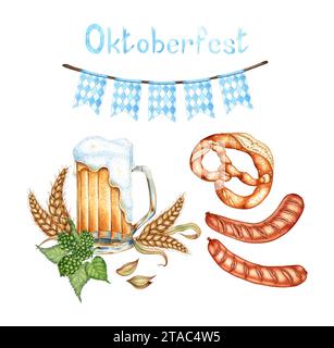 Set illustrativo ad acquerello con scritte dell'Oktoberfest, bandiere, tazza di birra con schiuma, salsiccia, luppolo, orecchie di grano e pretzel. Festa del raccolto, birra f Foto Stock