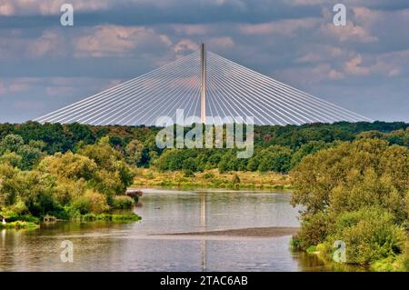 Redzinski Bridge, il quarto ponte in cemento strallato più grande del mondo, sopra il fiume Oder sulla tangenziale autostradale a Breslavia, bassa Slesia, Polonia Foto Stock