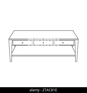 Pagina da colorare per bambini. Illustrazione della tabella isolata su sfondo bianco. Tavolo rettangolare per studio, pranzo, caffè, divano, cucina. Contorno nero. Illustrazione Vettoriale