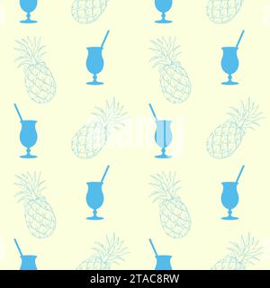 Motivo con cocktail blu e contorno ananas disegnato a mano, sfondo giallo pastello. . Illustrazione vettoriale Illustrazione Vettoriale