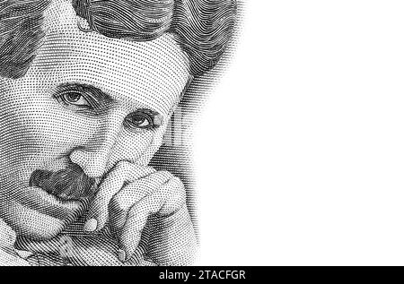 Nikola Tesla (1856 - 1943). Ritratto in bianco e nero dalla banconota serba. Geniale scienziato, inventore, ingegnere elettrico, ingegnere meccanico, e. Foto Stock