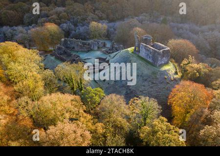 Vista aerea del castello di Okehampton in una gelida mattinata autunnale, Okehamton, Devon, Inghilterra. Autunno (novembre) 2021. Foto Stock