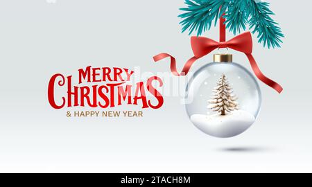 Buon Natale, ballo di Capodanno in vetro con albero di Natale e neve. Vettore Illustrazione Vettoriale