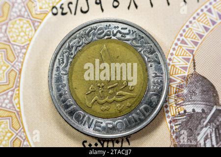 Rovescio della moneta egiziana da una sterlina con valore e data, lato dritto con slogan in apprezzamento degli sforzi del personale medico egiziano per salvare Foto Stock