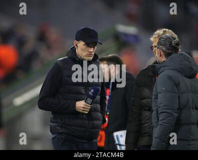 München, Deutschland 29. Novembre 2023: Fussball, Herren, Champions League, 5.Spieltag, Saison 2023/2024, FC Bayern München - FC Kopenhagen, Allianz Arena Thomas Tuchel, allenatore (FC Bayern München) beim Interview DAZN Foto Stock