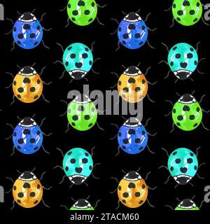 Motivo ad acquerello multicolore Ladybugs senza cuciture. Stampa estiva senza fine con brillanti insetti al neon. Sfondo disegnato a mano per tessuti e carta da imballaggio. Foto Stock