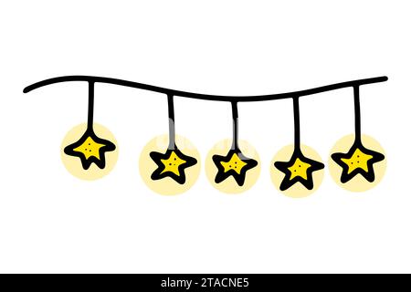 Doodle Christmas Garland. Festoon disegnato a mano isolato su sfondo bianco. Decorazioni natalizie di colore con lampadine a stelle. Illustrazione vettoriale per un Illustrazione Vettoriale