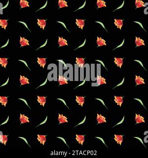 Cime di tulipano rosso acquerello e foglie verdi motivo senza cuciture. Illustrazione disegnata a mano con fiori a molla colorati per design tessile o carta da imballaggio Foto Stock