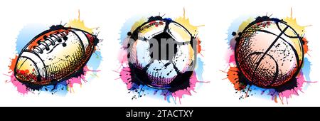 Collezione di palline da football americano, calcio e pallacanestro su sfondo colorato ad acquerello. Illustrazione di uno schizzo vettoriale disegnato a mano. Sport Illustrazione Vettoriale