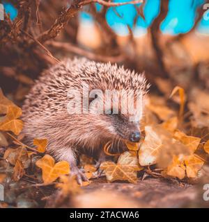 Trasforma il tuo giardino in un paradiso di bellezza selvaggia con questo incantevole ritratto del riccio europeo. Un'immersione nella natura rustica e nel fascino di questo Foto Stock