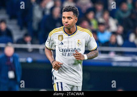 MADRID, SPAGNA - NOVEMBRE 29: Rodrygo del Real Madrid CF Focus durante la partita tra Real Madrid CF e SSC Napoles di UEFA Champions League il 29 novembre 2023 a Santiago Bernabeu a Madrid, Spagna. (Samuel Carreño/Pximages) credito: PX Images/Alamy Live News Foto Stock