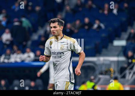 MADRID, SPAGNA - NOVEMBRE 29: Brahim Diaz del Real Madrid FC Focus durante la partita tra Real Madrid CF e SSC Napoles di UEFA Champions League il 29 novembre 2023 a Santiago Bernabeu a Madrid, Spagna. (Samuel Carreño/Pximages) credito: PX Images/Alamy Live News Foto Stock