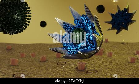 La tecnologia DNA origami è stata in grado di inghiottere un intero corpo virale o noto come rendering 3d trappola virale molecolare Foto Stock