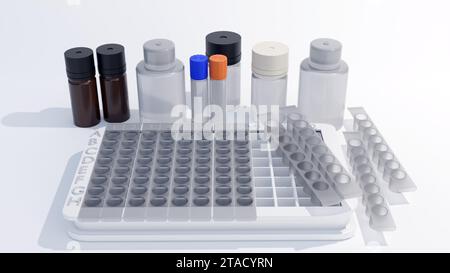 Kit ELISA (Enzyme-Linked Immunosorbent Assay), strisce di piastre rimovibili, reagenti e rilevamento dei biomarcatori ultrasensivi, rendering 3d. Foto Stock