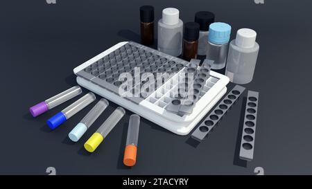 Kit ELISA (Enzyme-Linked Immunosorbent Assay), strisce di piastre rimovibili, reagenti e rilevamento dei biomarcatori ultrasensivi, rendering 3d. Foto Stock