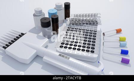 Kit ELISA (Enzyme-Linked Immunosorbent Assay), strisce di piastre rimovibili, reagenti e rilevamento dei biomarcatori ultrasensivi, rendering 3d. Foto Stock